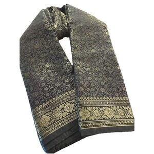Indian Women's NEW Brocade Artificial Silk Sari BLACK with Golden Border 1013‎